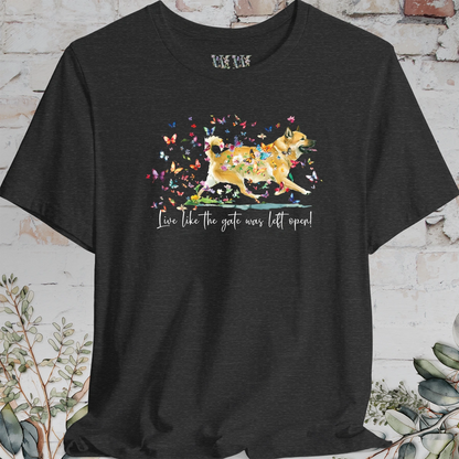 Wheaten Buhund 'Live like the gate was left open' T shirt