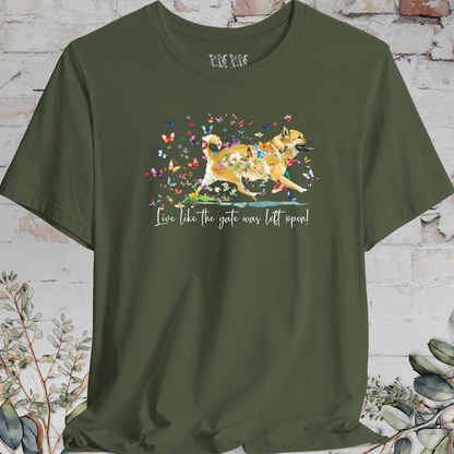 Wheaten Buhund 'Live like the gate was left open' T shirt