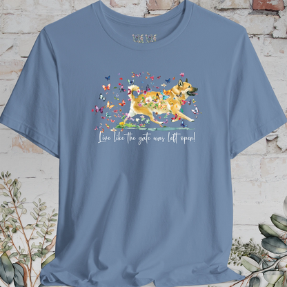 Wheaten Buhund 'Live like the gate was left open' T shirt