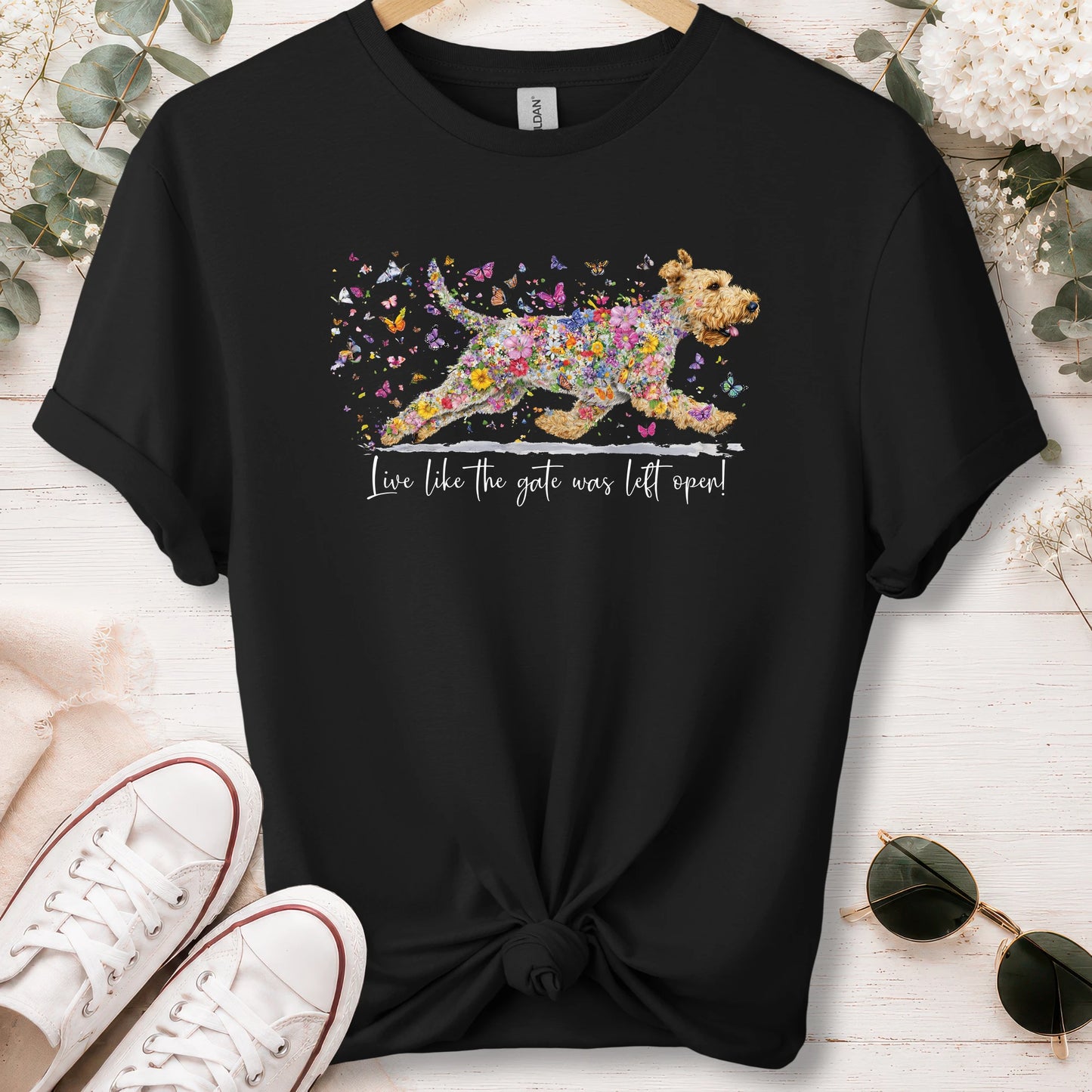 Wheaten Terrier,  Live like the gate was left open, unisex T shirt