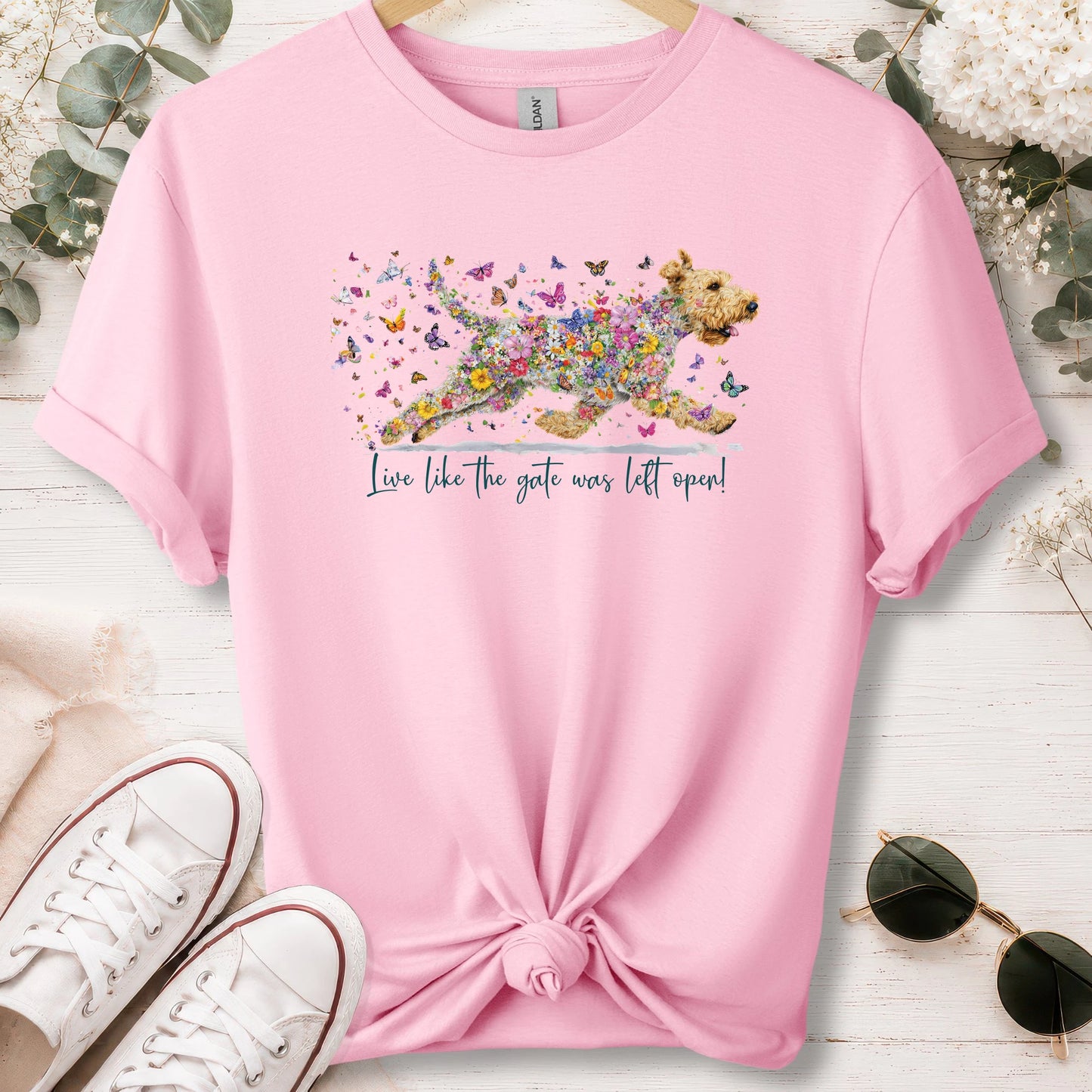 Wheaten Terrier,  Live like the gate was left open, unisex T shirt
