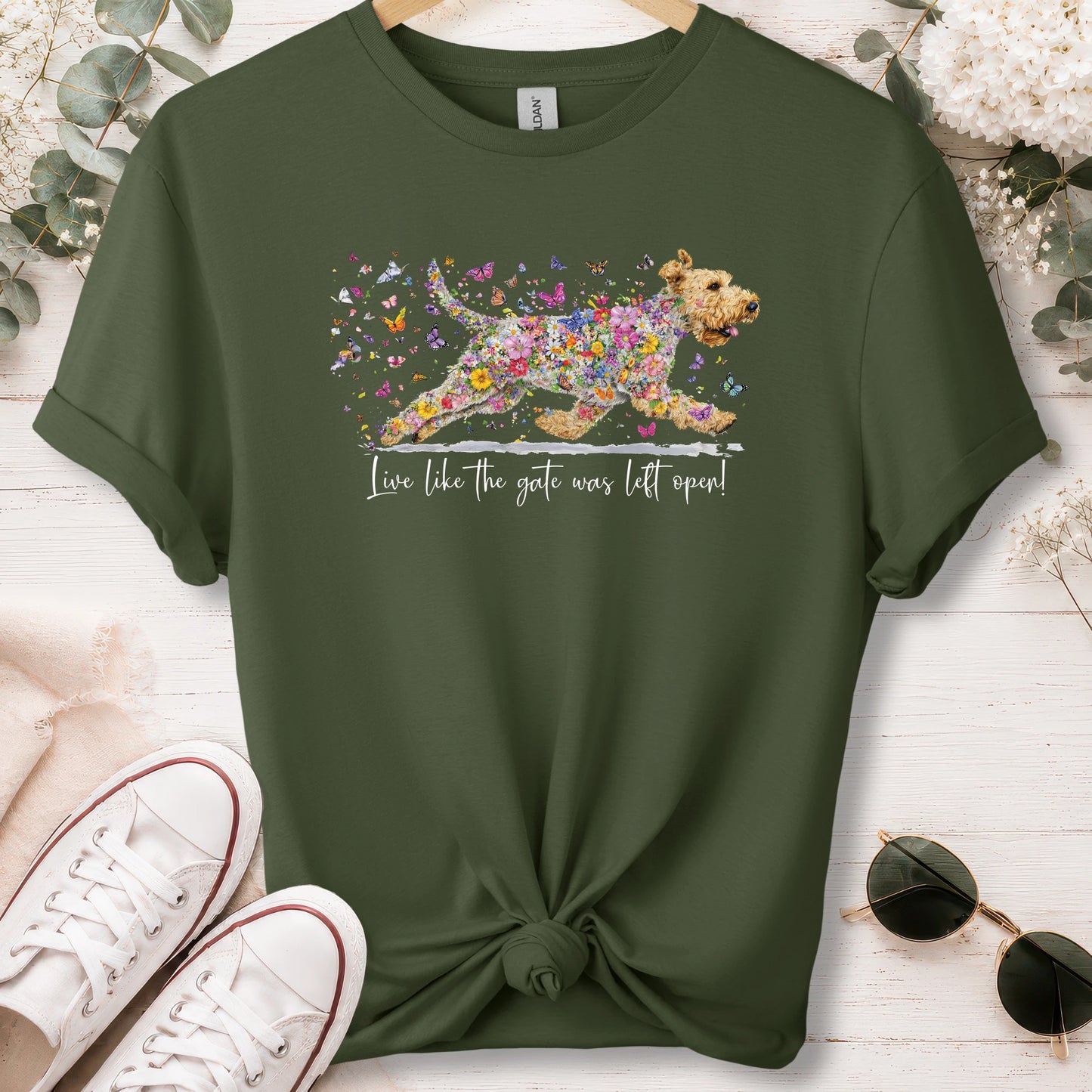 Wheaten Terrier,  Live like the gate was left open, unisex T shirt