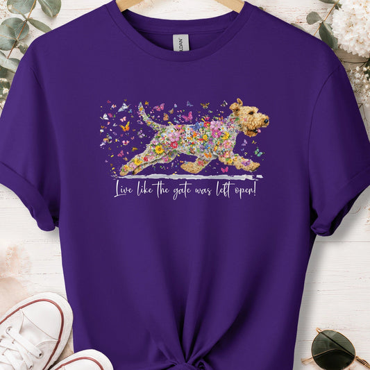 Wheaten Terrier,  Live like the gate was left open, unisex T shirt