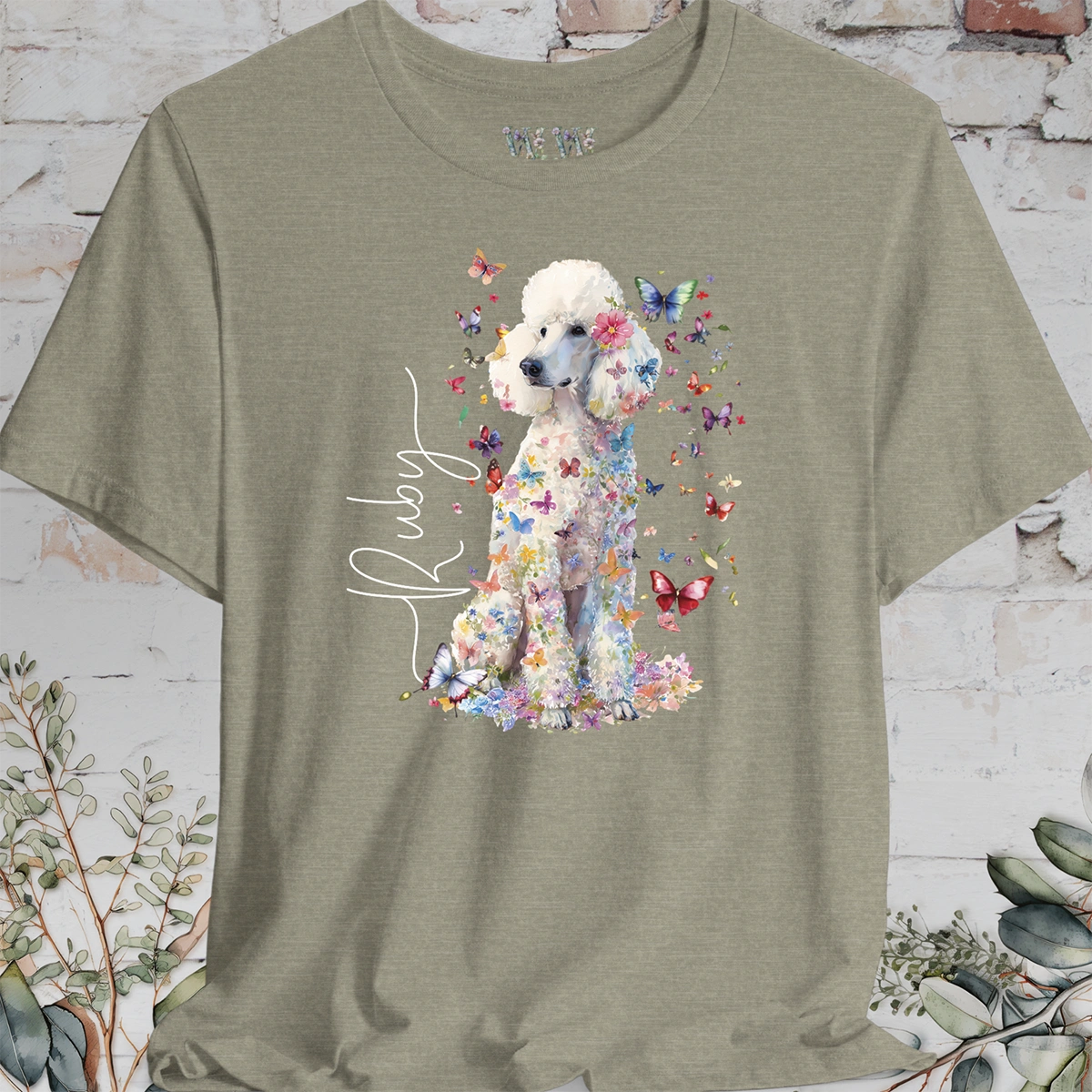 White Poodle Floral Personalized T shirt