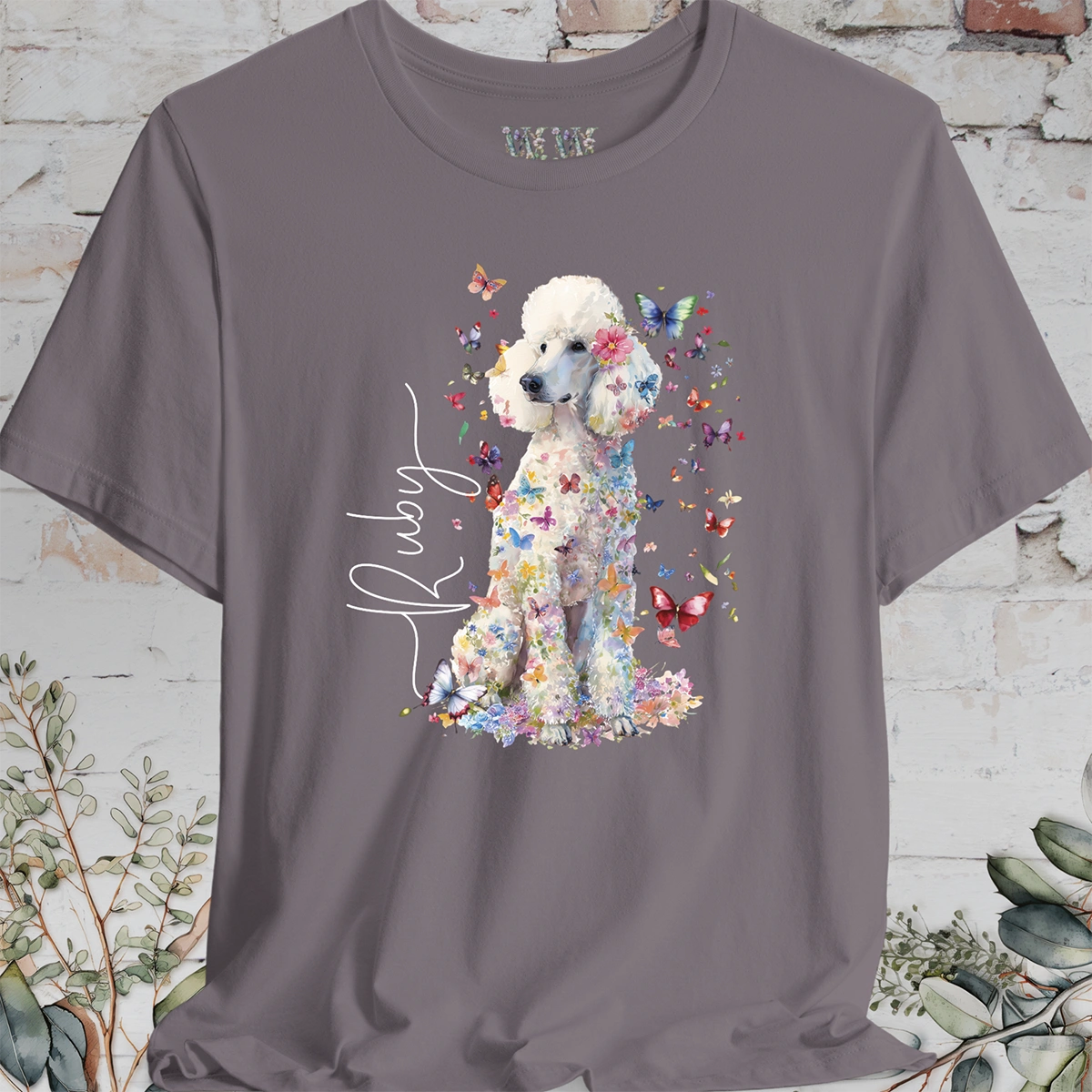 White Poodle Floral Personalized T shirt