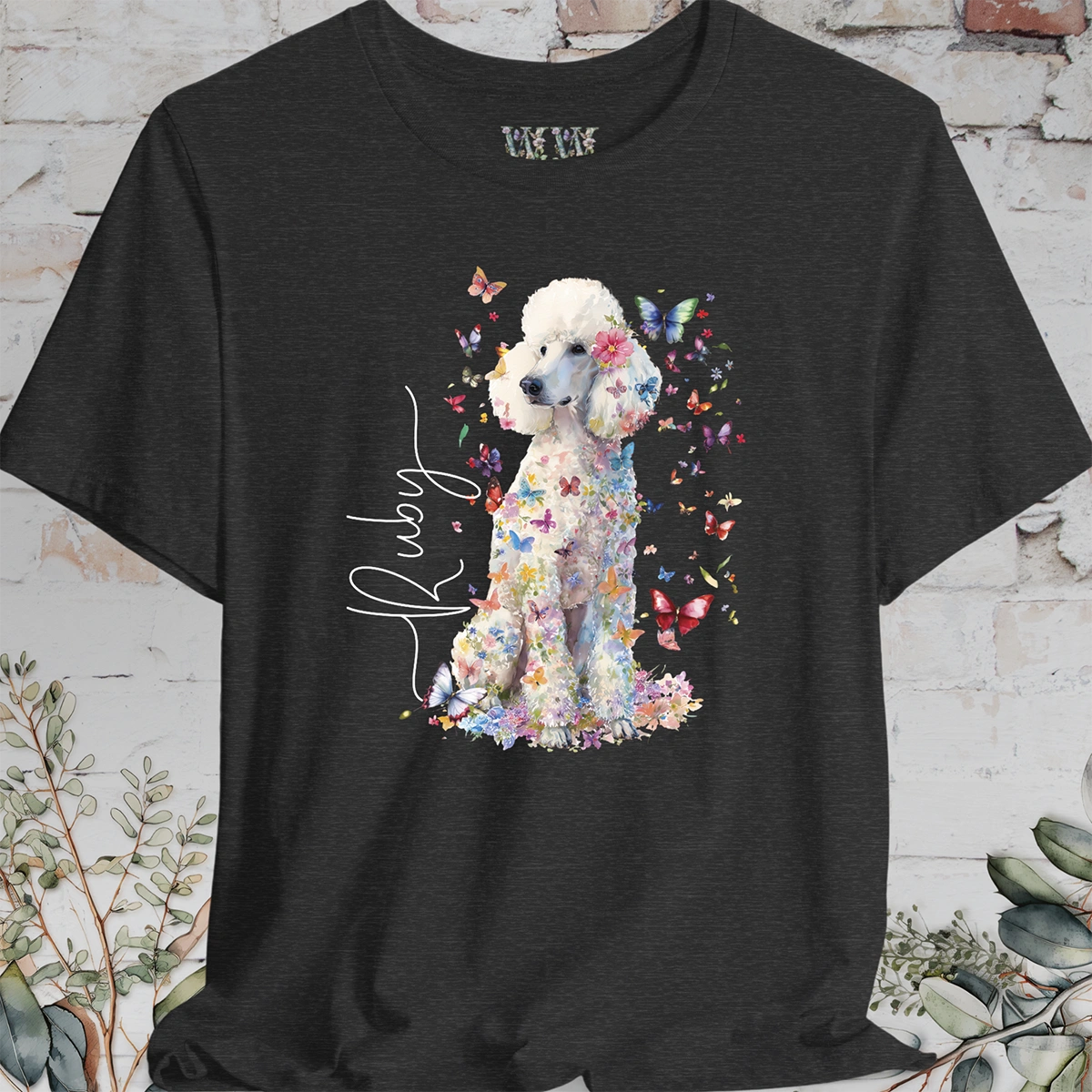 White Poodle Floral Personalized T shirt