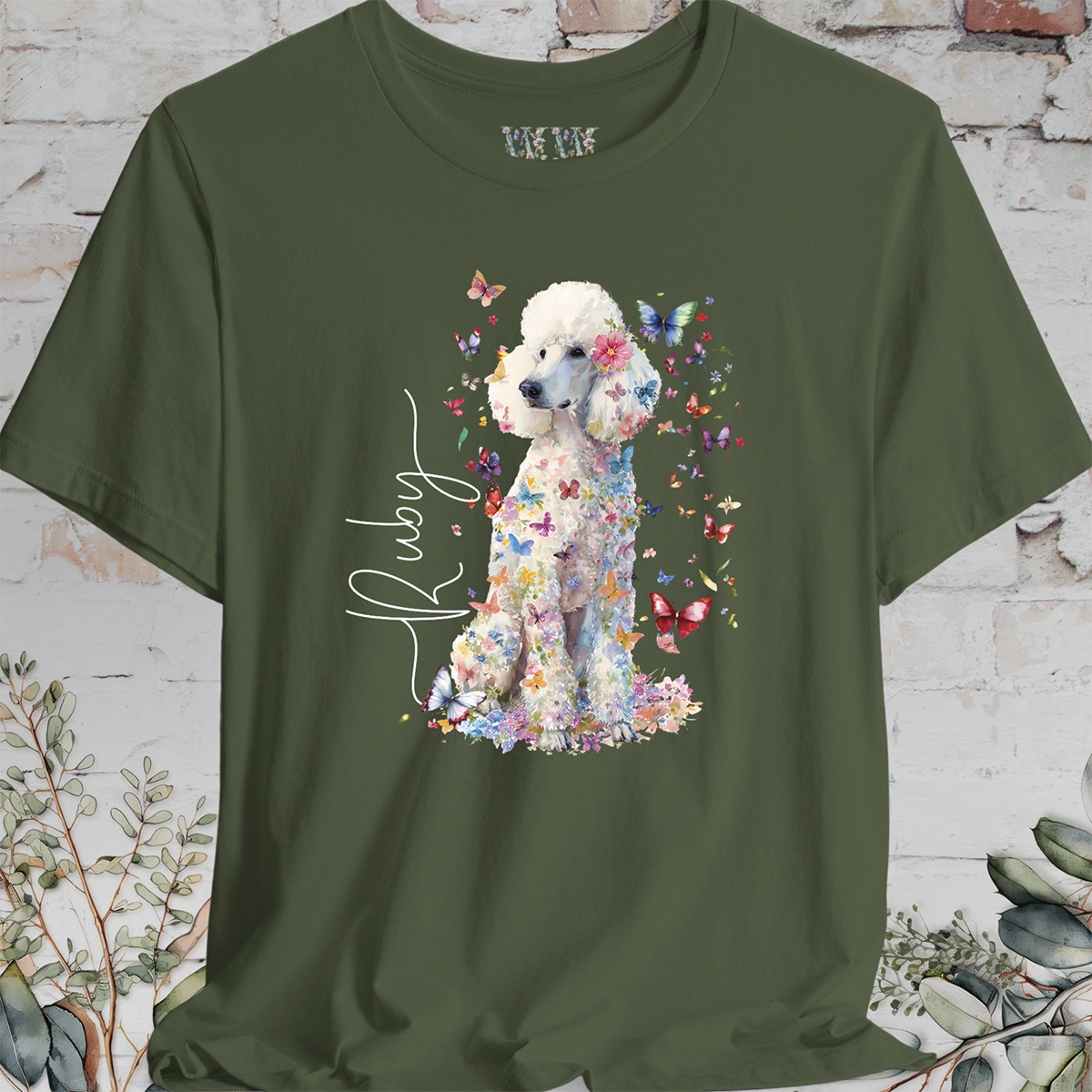 White Poodle Floral Personalized T shirt