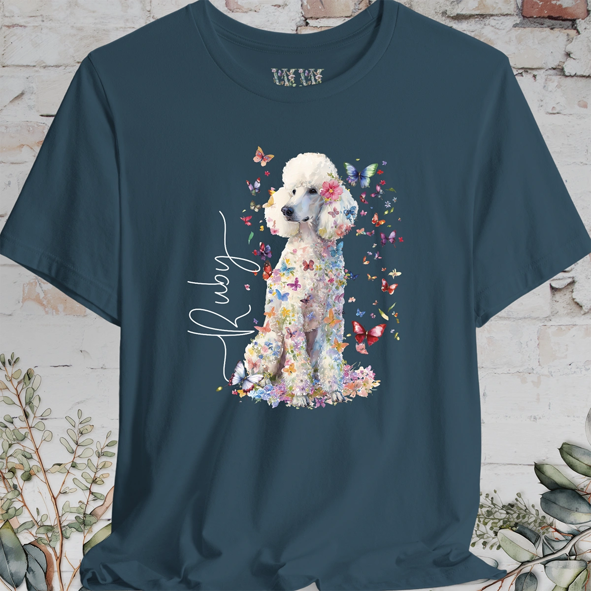 White Poodle Floral Personalized T shirt