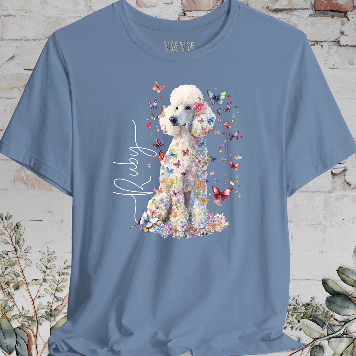 White Poodle Floral Personalized T shirt