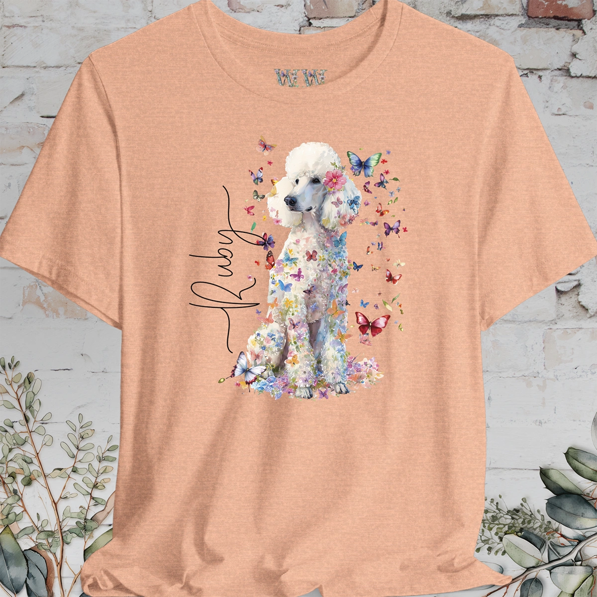 White Poodle Floral Personalized T shirt