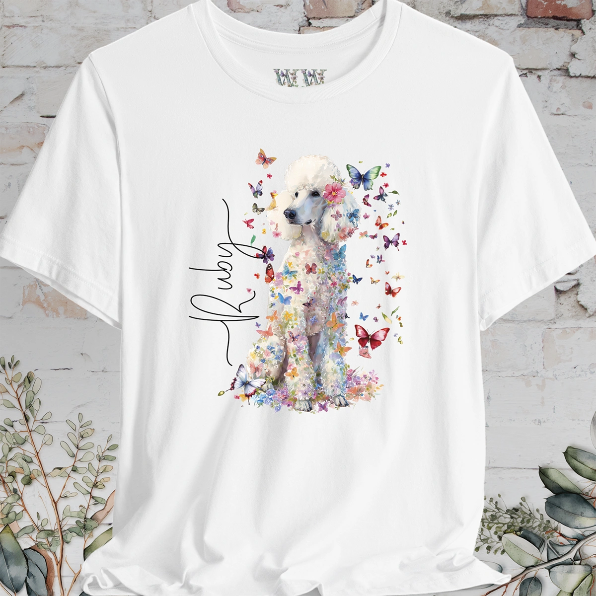 White Poodle Floral Personalized T shirt