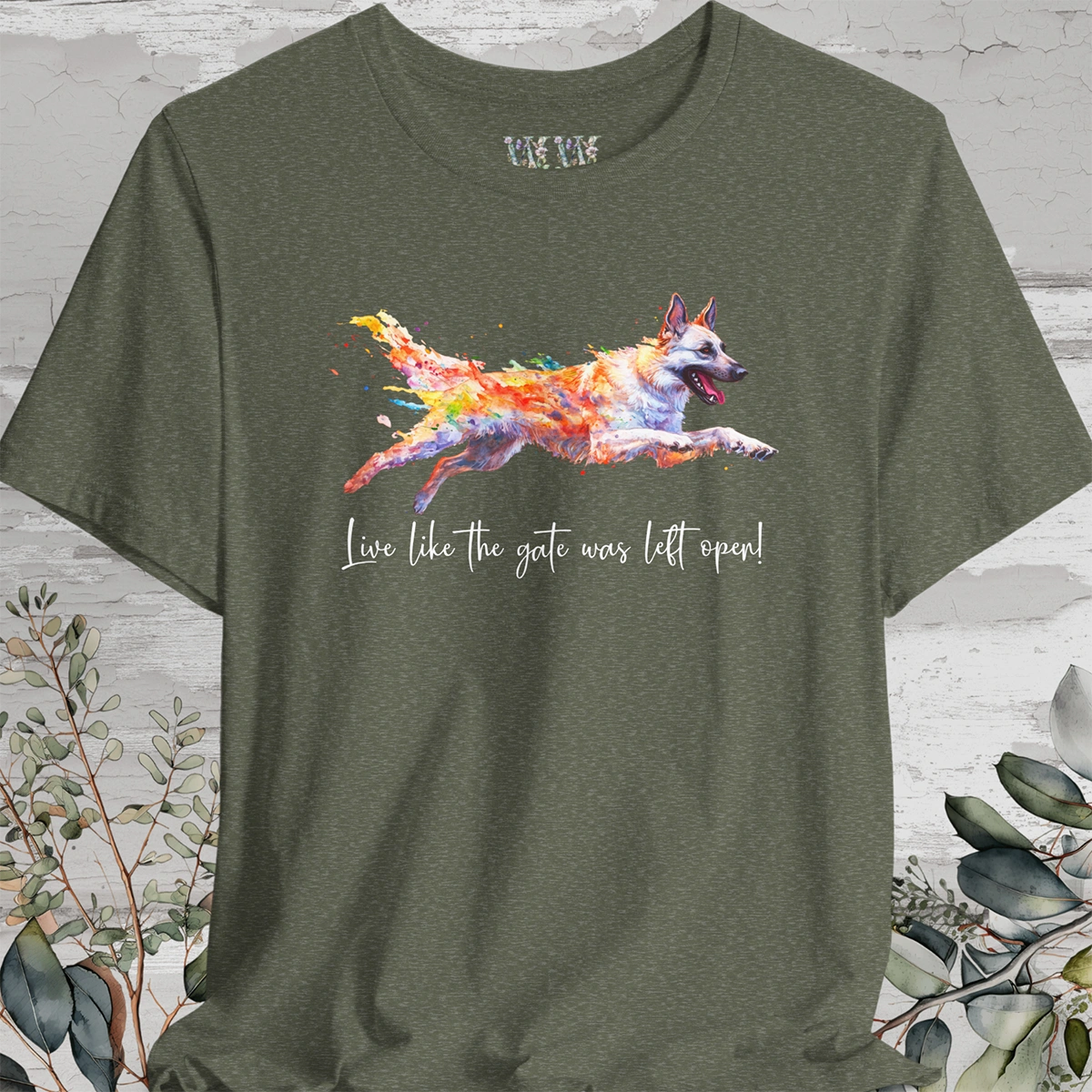 White Sherpherd 'Live like the gate was left open' Painted T shirt