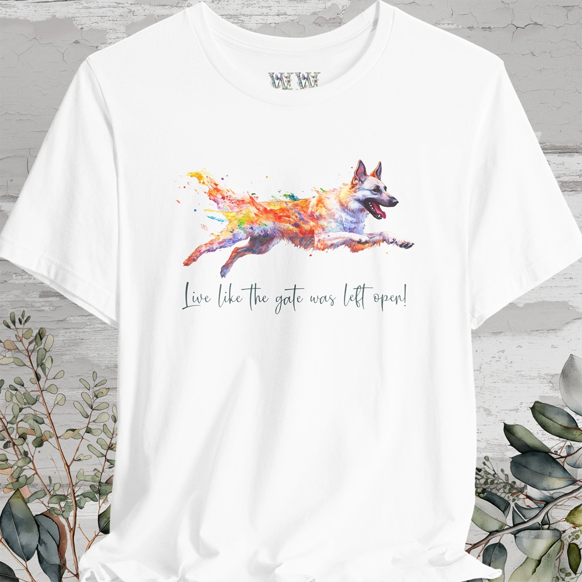 White Sherpherd 'Live like the gate was left open' Painted T shirt