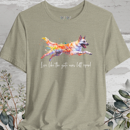 White Sherpherd 'Live like the gate was left open' Painted T shirt