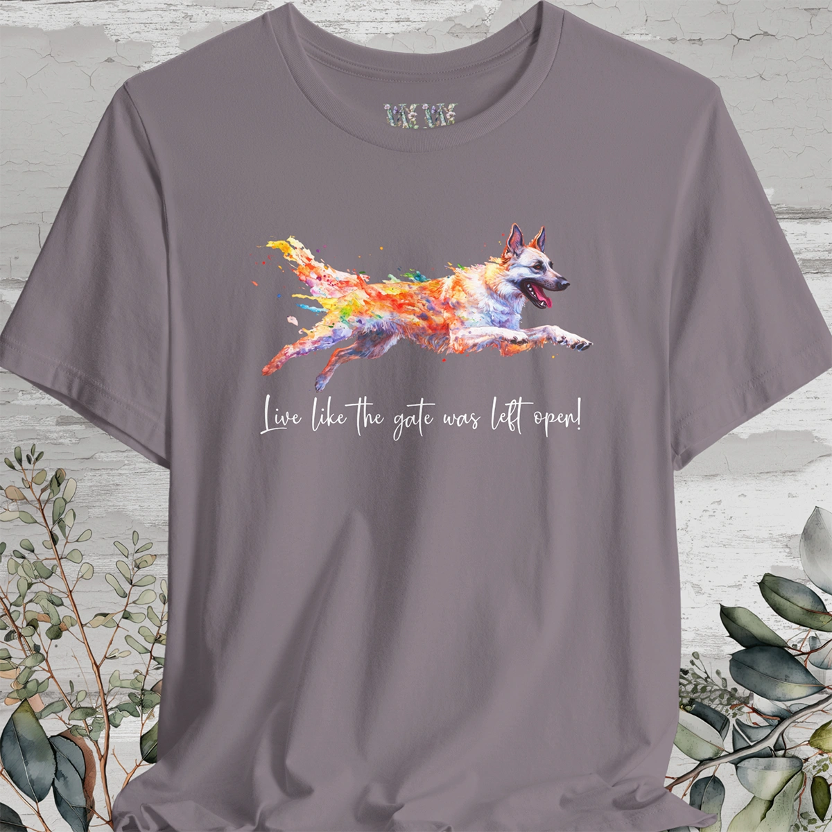 White Sherpherd 'Live like the gate was left open' Painted T shirt