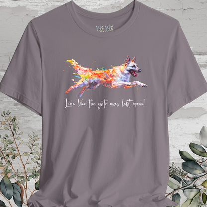 White Sherpherd 'Live like the gate was left open' Painted T shirt