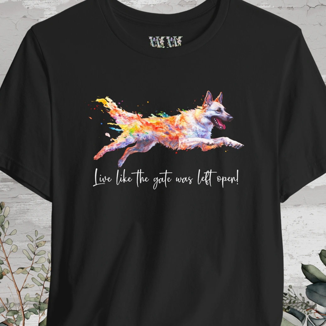 White Sherpherd 'Live like the gate was left open' Painted T shirt