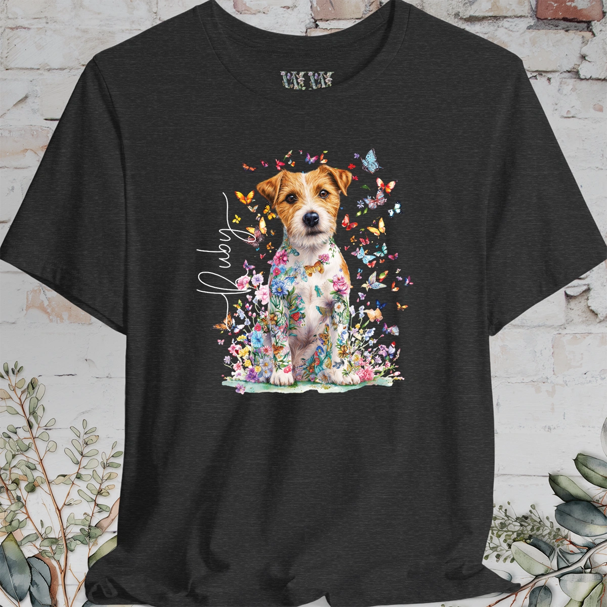 Wire Haired Jack Russell Floral Butterfly T shirt