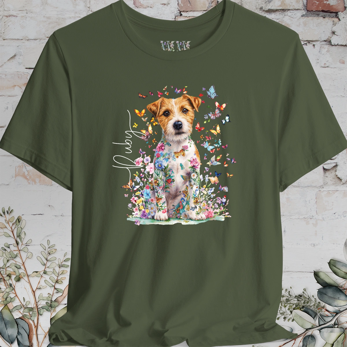 Wire Haired Jack Russell Floral Butterfly T shirt