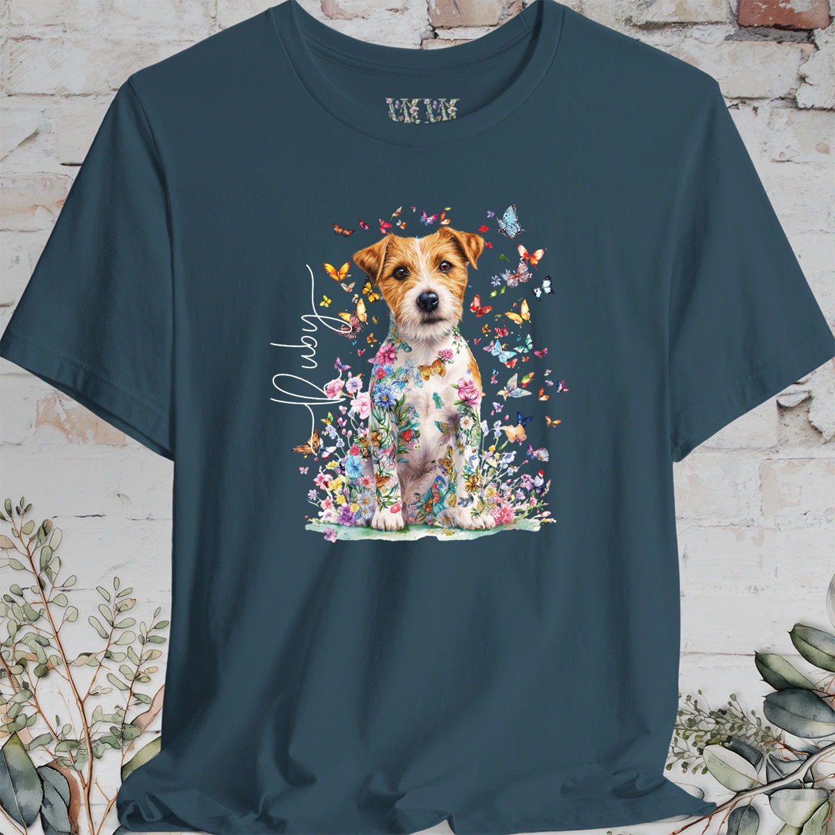 Wire Haired Jack Russell Floral Butterfly T shirt