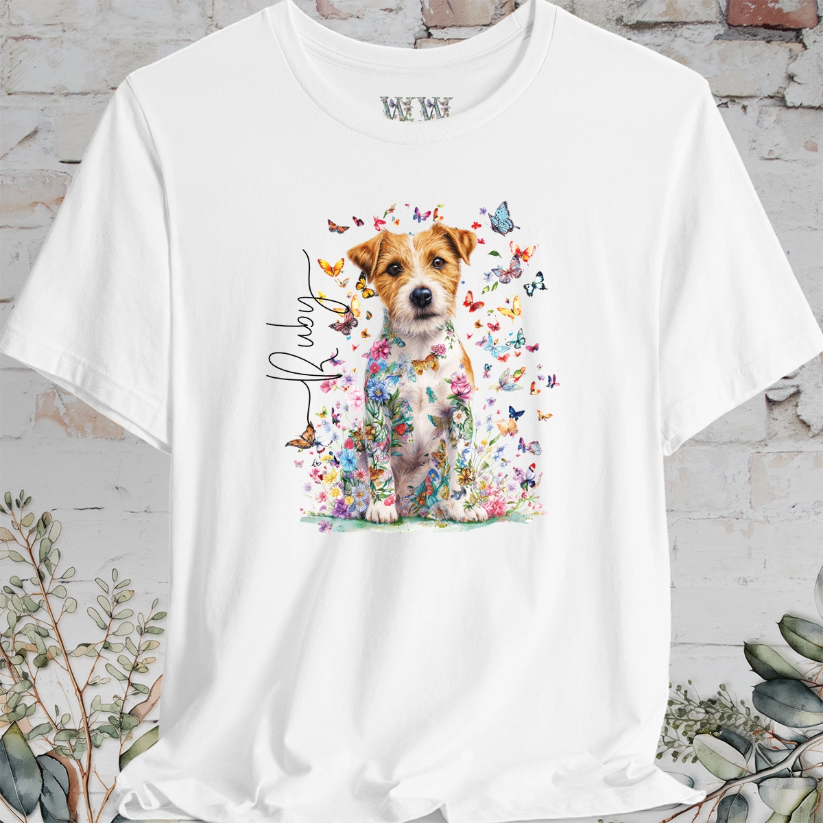 Wire Haired Jack Russell Floral Butterfly T shirt