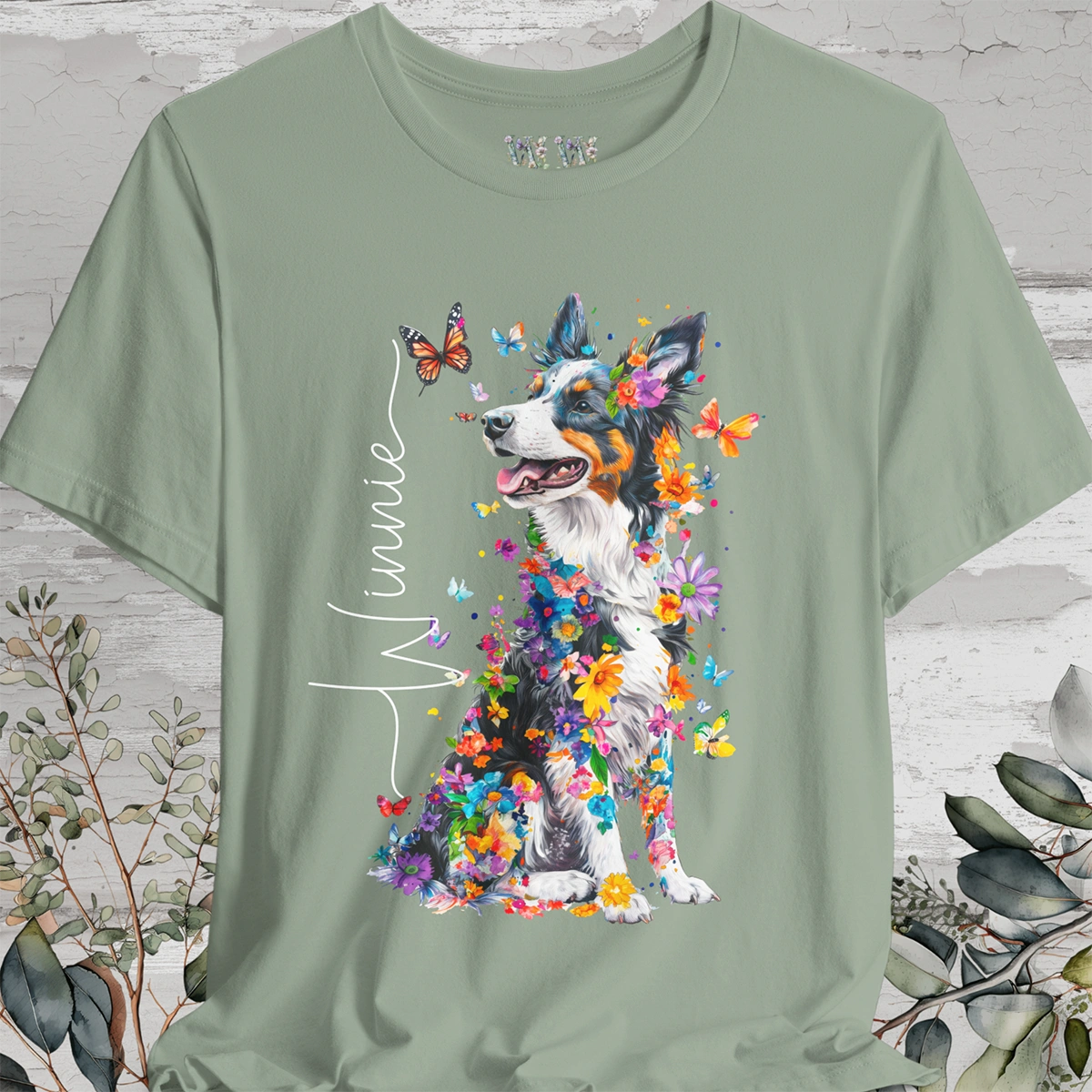 Border Collie #3 Floral Personalized T shirt