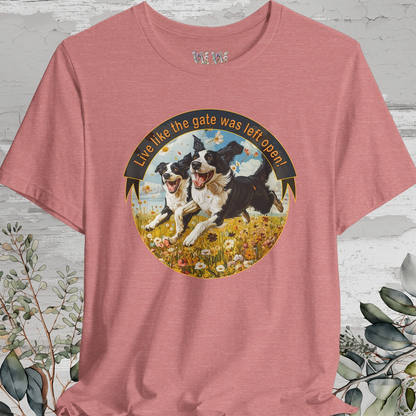 Border Collie, Duo 'Live like the gate was left open' T shirt