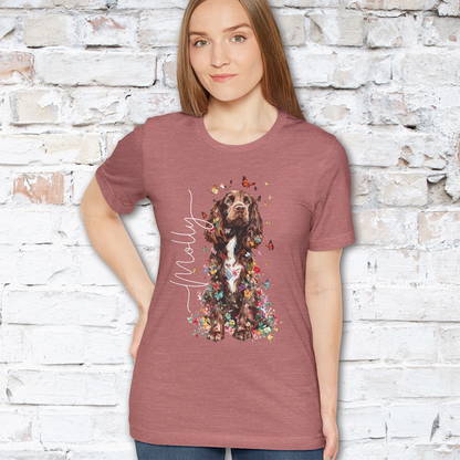 Brown & White Cocker Spaniel Floral Personalized T shirt