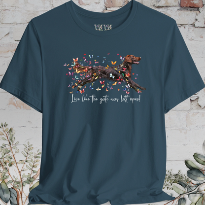 Flat Coated Retriever #2 "Live like the gate was left open" Unisex T shirt