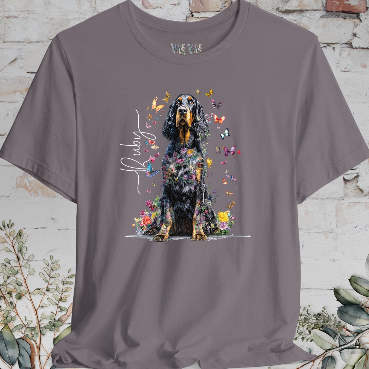 Gordon Setter Personalised Floral Butterfly T Shirt