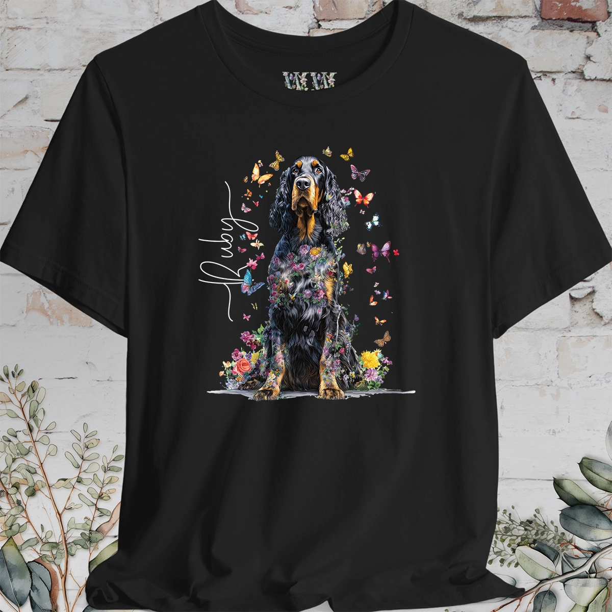 Gordon Setter Personalised Floral Butterfly T Shirt