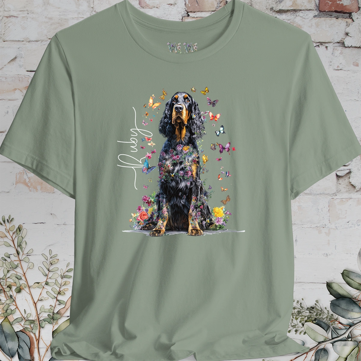 Gordon Setter Personalised Floral Butterfly T Shirt