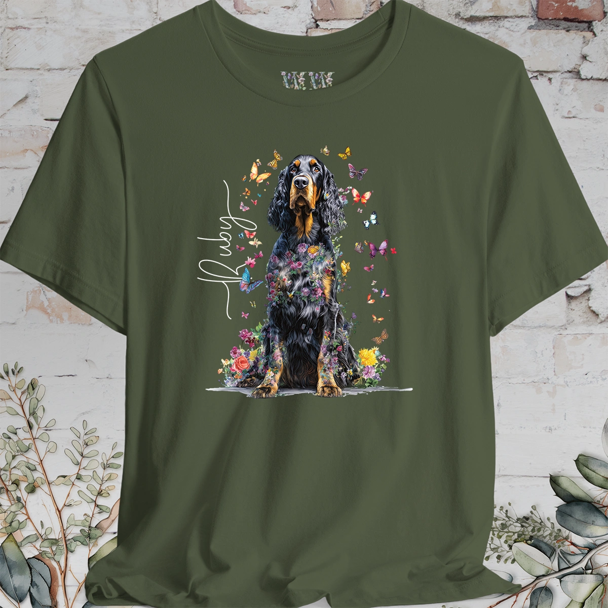 Gordon Setter Personalised Floral Butterfly T Shirt