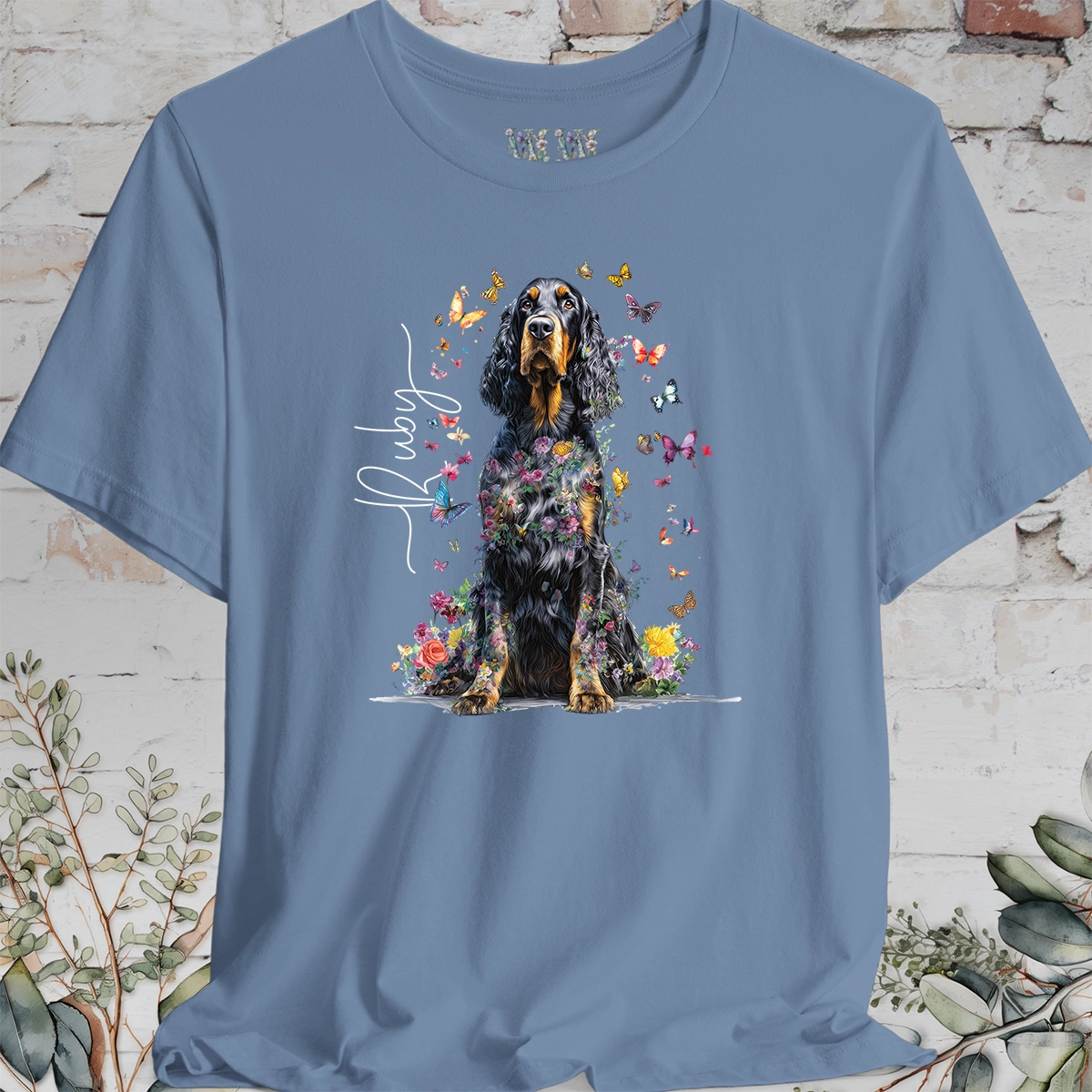 Gordon Setter Personalised Floral Butterfly T Shirt