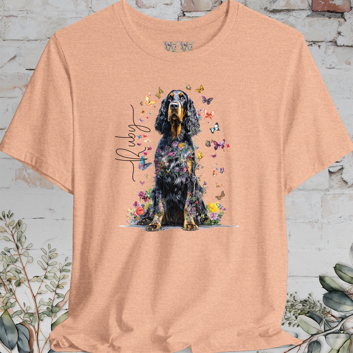 Gordon Setter Personalised Floral Butterfly T Shirt