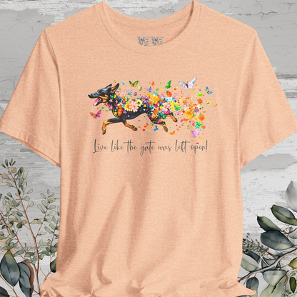 Kelpie #2 "Live like the gate was left open" Unisex T shirt