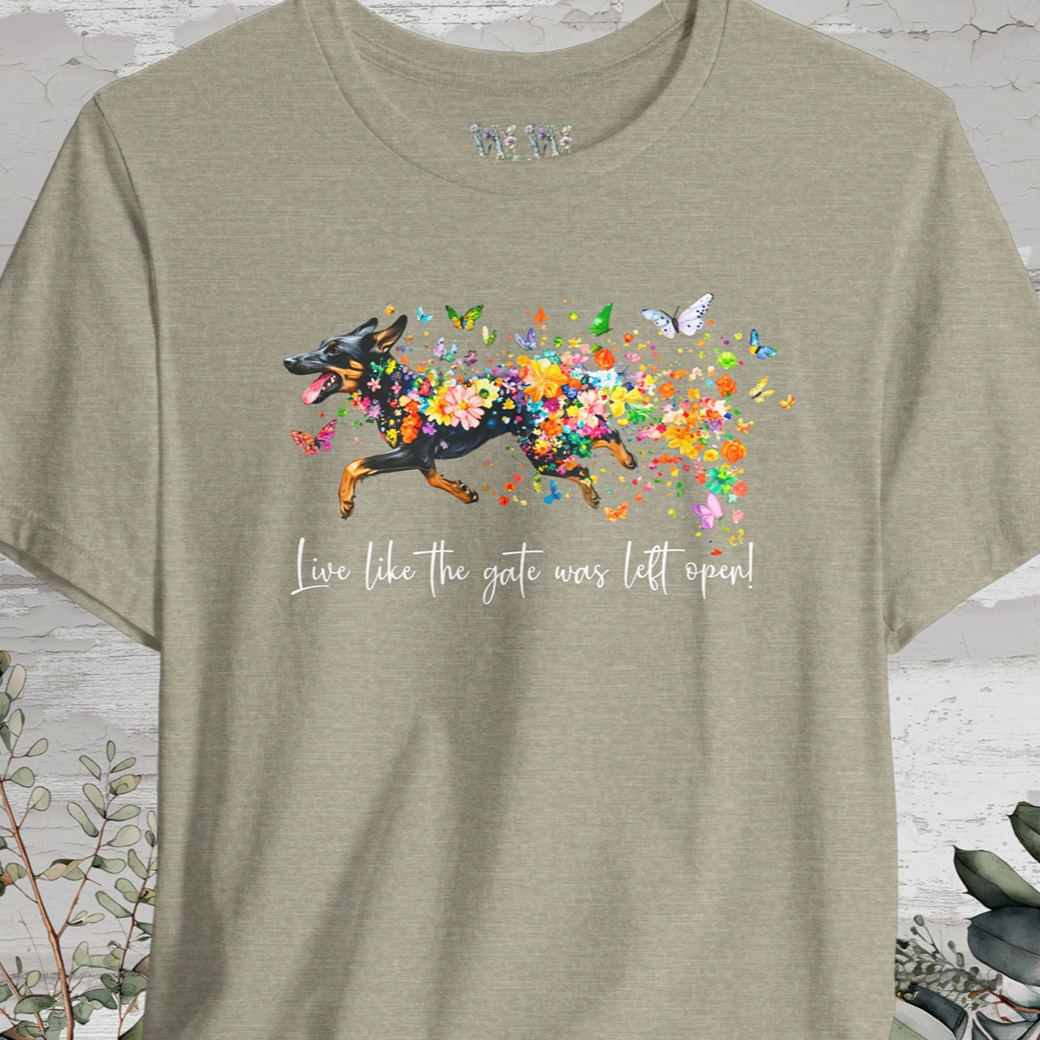 Kelpie #2 "Live like the gate was left open" Unisex T shirt