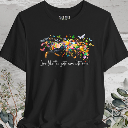 Kelpie #2 "Live like the gate was left open" Unisex T shirt