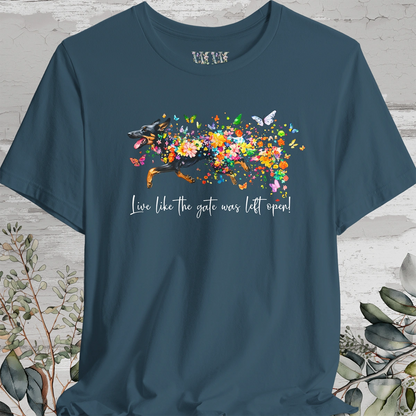 Kelpie #2 "Live like the gate was left open" Unisex T shirt