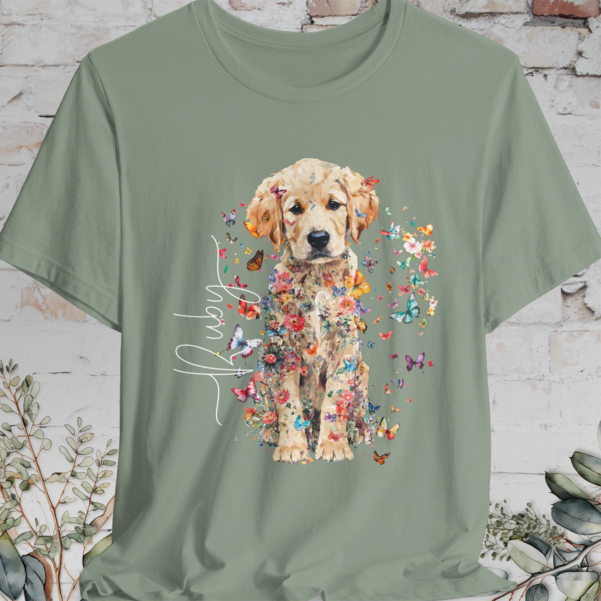 Golden Retriever Puppy Floral Personalized T shirt