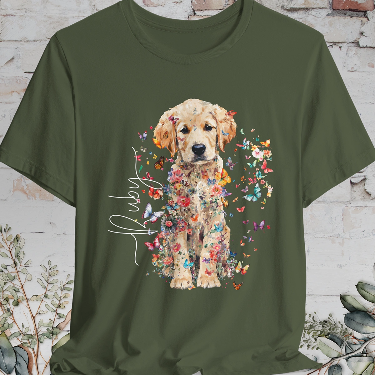 Golden Retriever Puppy Floral Personalized T shirt