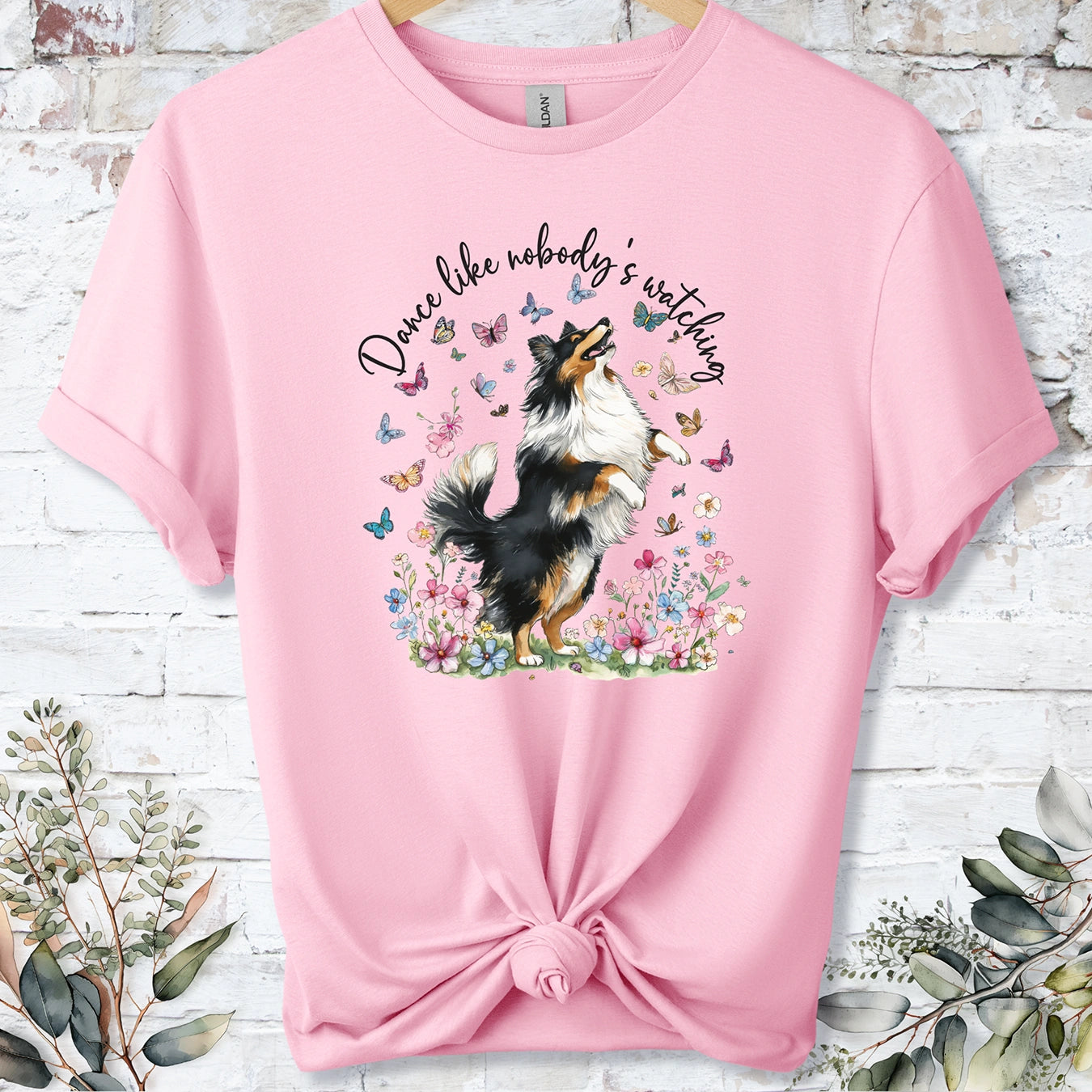 Shetland Sheepdog #3 (Tri colour) "Dance like nobody's watching" unisex T shirt