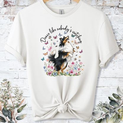 Shetland Sheepdog #3 (Tri colour) "Dance like nobody's watching" unisex T shirt