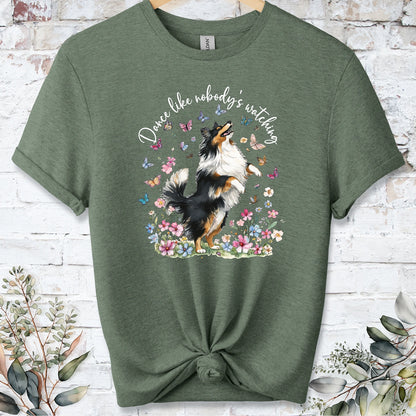 Shetland Sheepdog #3 (Tri colour) "Dance like nobody's watching" unisex T shirt
