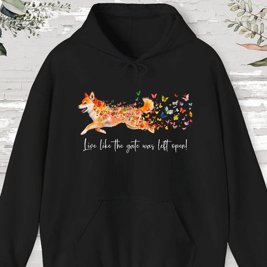 Shiba Inu #1 "Live like the gate was left open" Hooded Sweatshirt