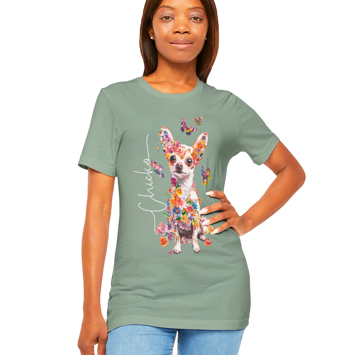 Chihuahua, White, Floral Personalized T shirt