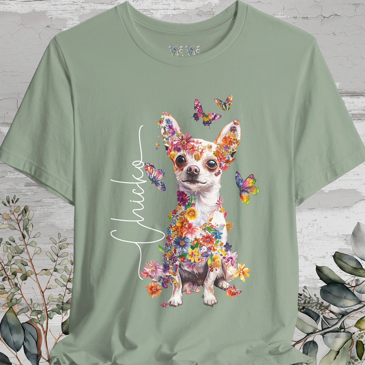 Chihuahua, White, Floral Personalized T shirt