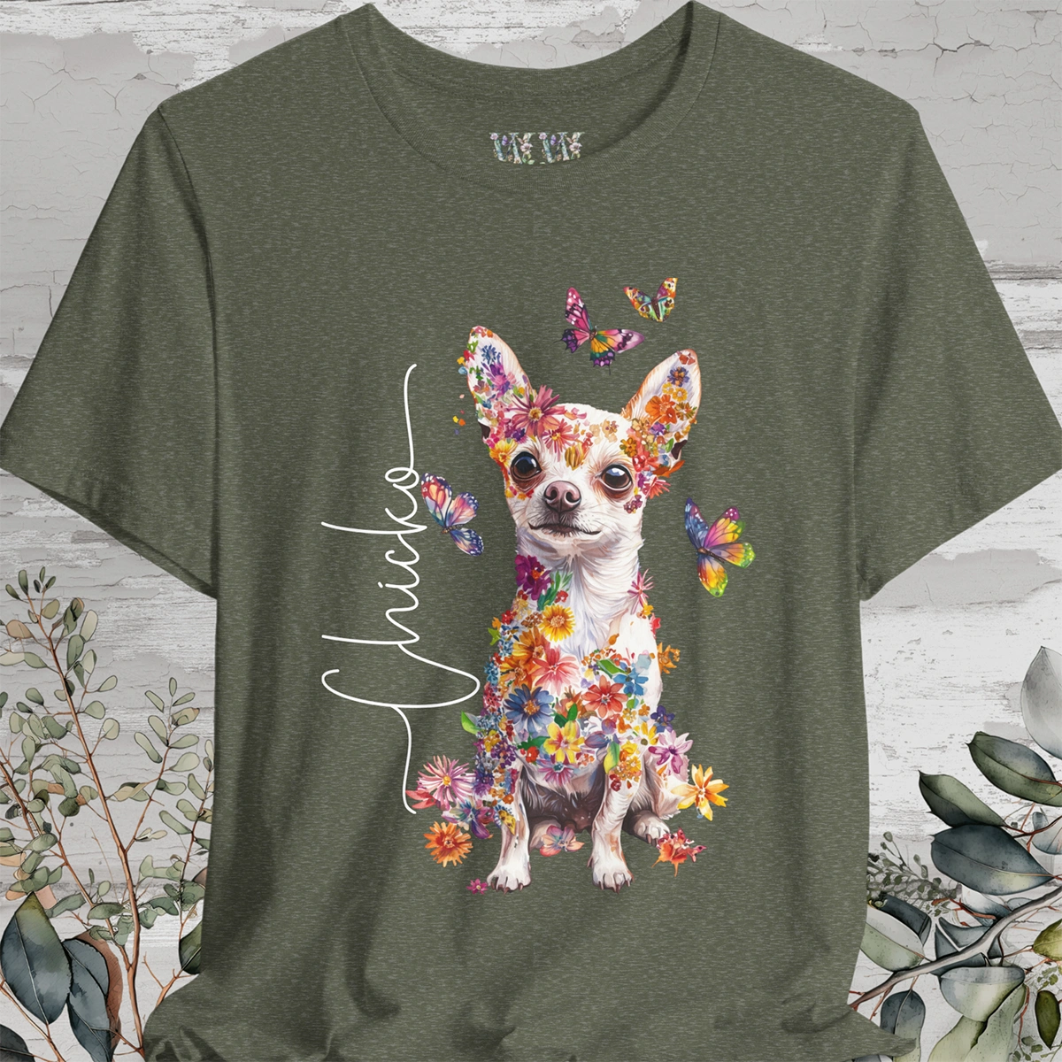 Chihuahua, White, Floral Personalized T shirt