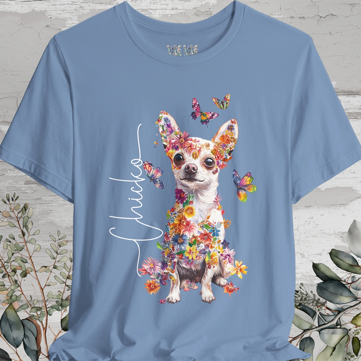 Chihuahua, White, Floral Personalized T shirt