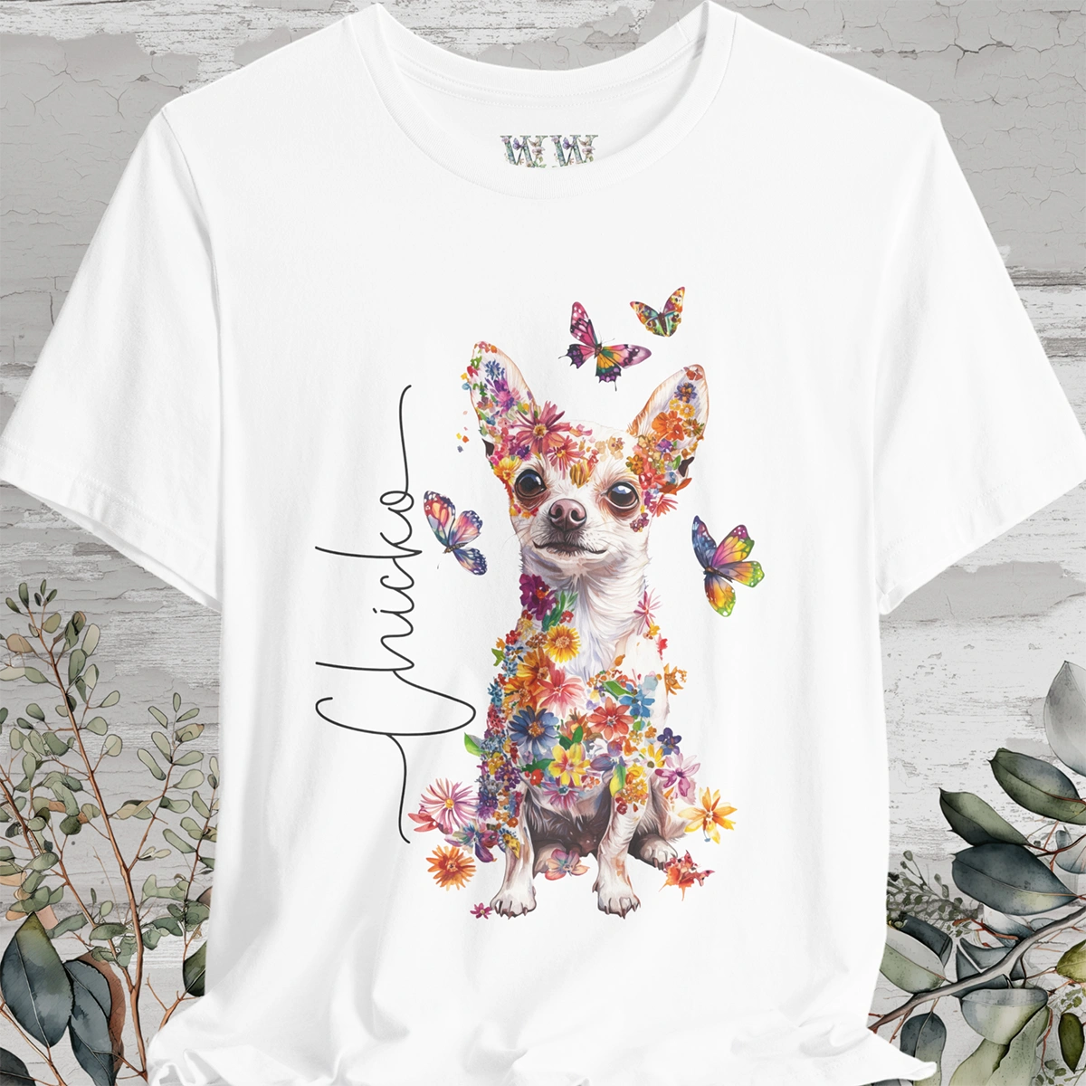 Chihuahua, White, Floral Personalized T shirt